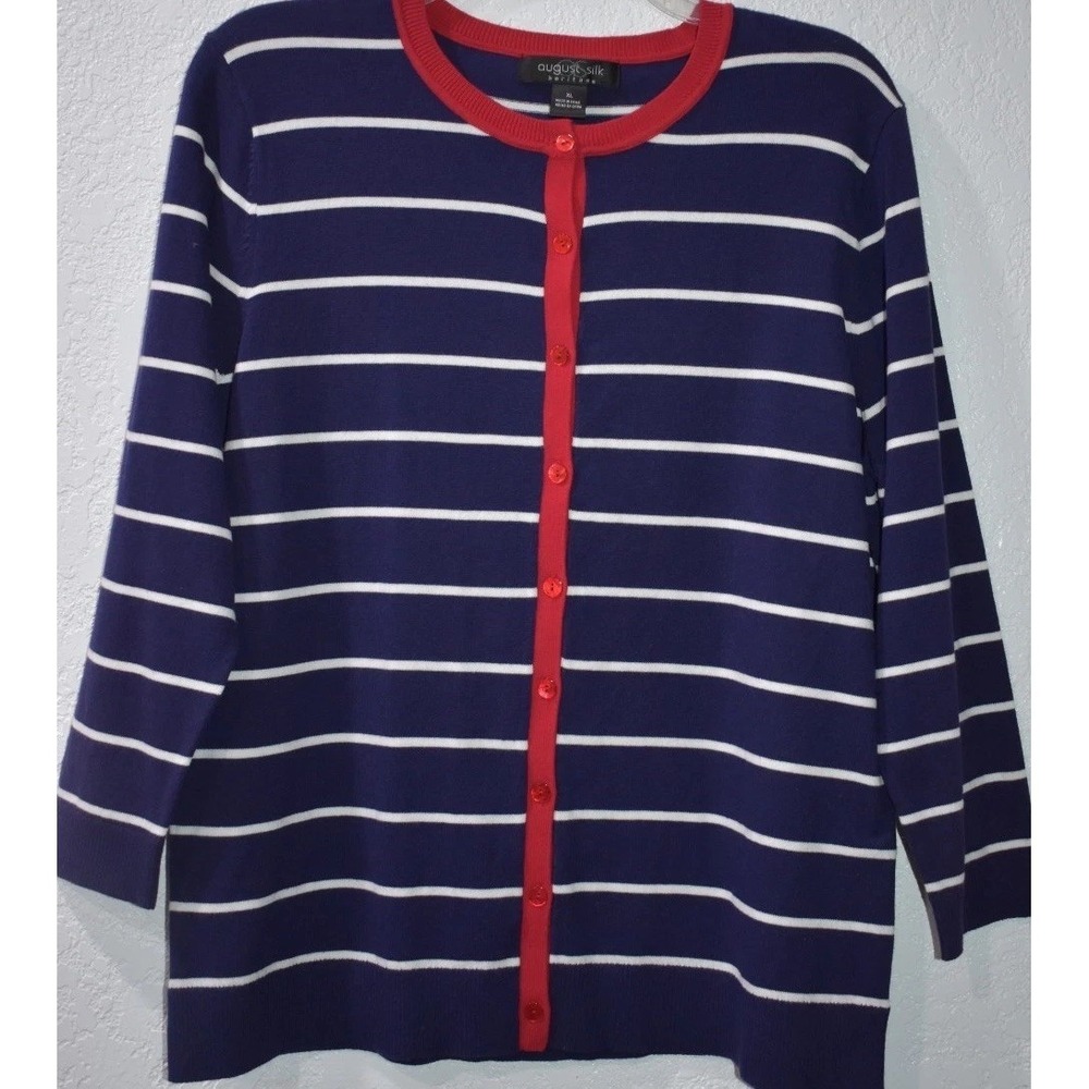August Silk XL Cardigan Navy Stripe Nautical Coastal Button Front Light Sweater
